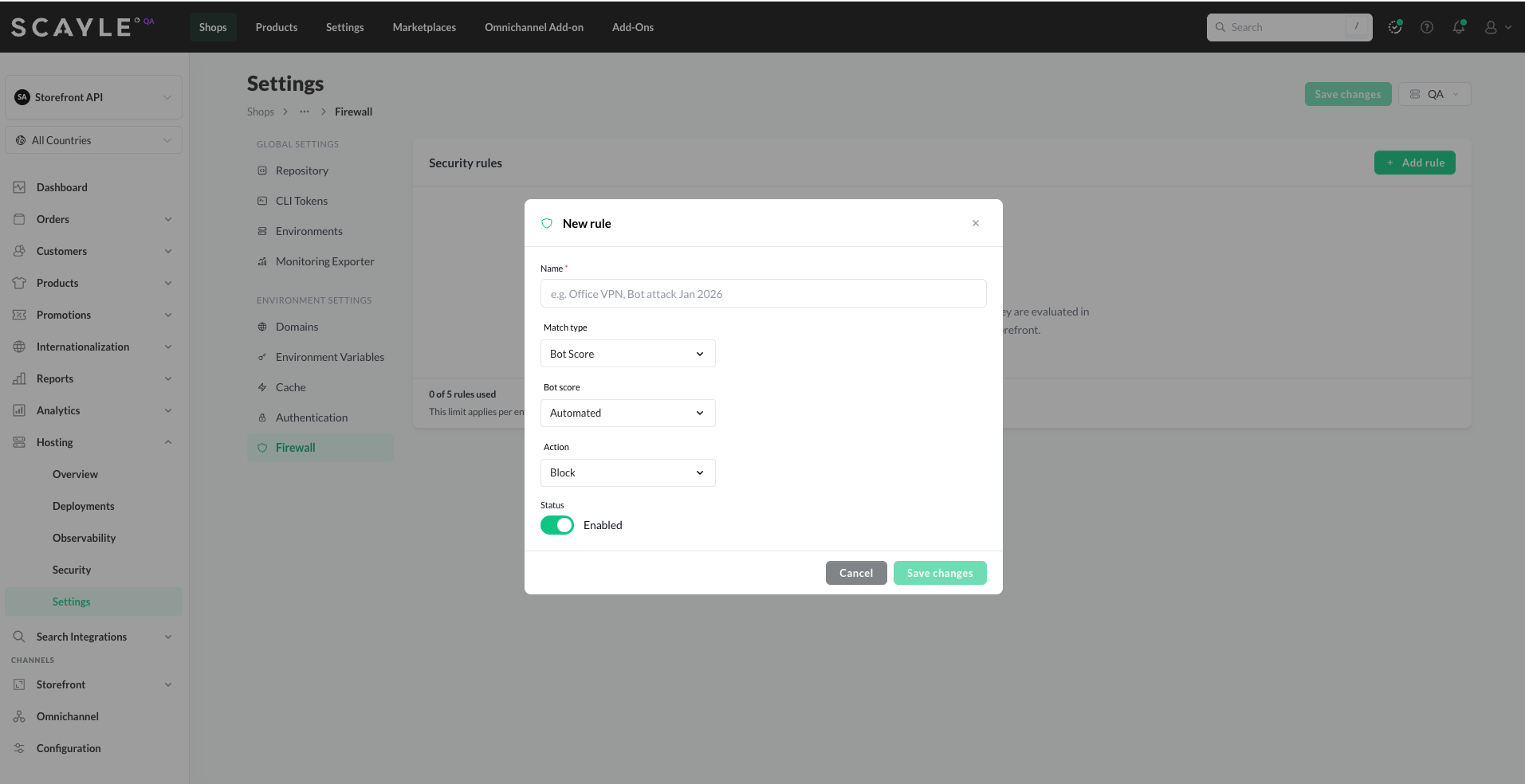 New rule dialog with Bot score match type selected, showing Automated and Likely automated options